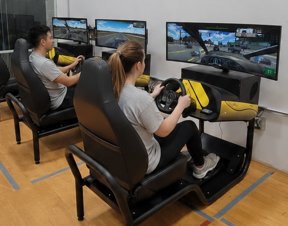 Students using the VDI Simulator with NDE for their driver's education curriculum